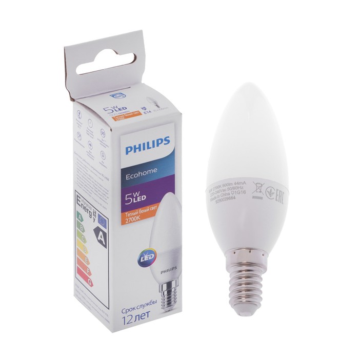 

Лампа светодиодная Philips Ecohome Candle 827, E14, 5 Вт, 2700 К, 500 Лм, свеча