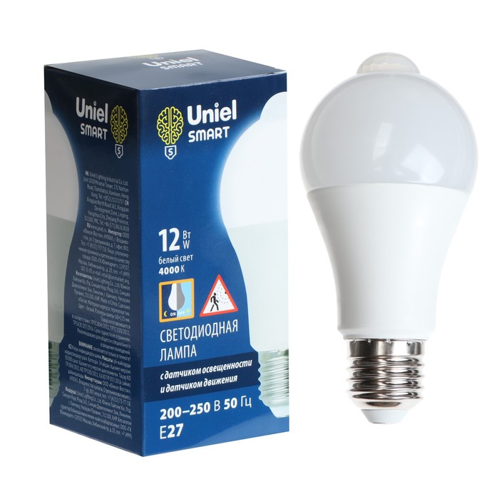 Светодиодная лампа Uniel, LED-A60-12W, 12 Вт, 4000 K, E27, PLS10WH, датчик освщенности, дв