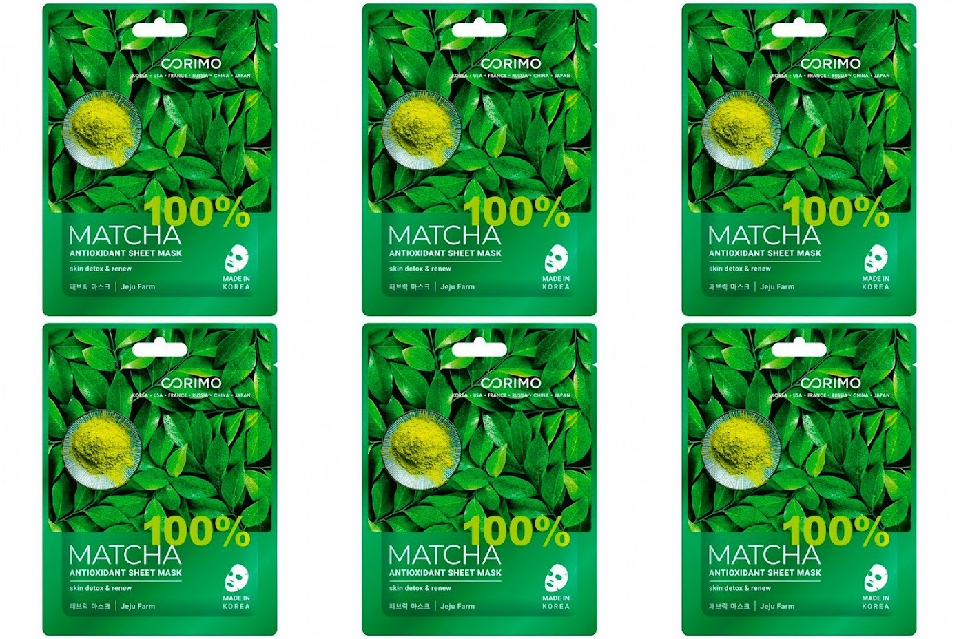 Тканевая маска для лица Corimo антиоксидант 100% matcha 22г 6шт Южная Корея