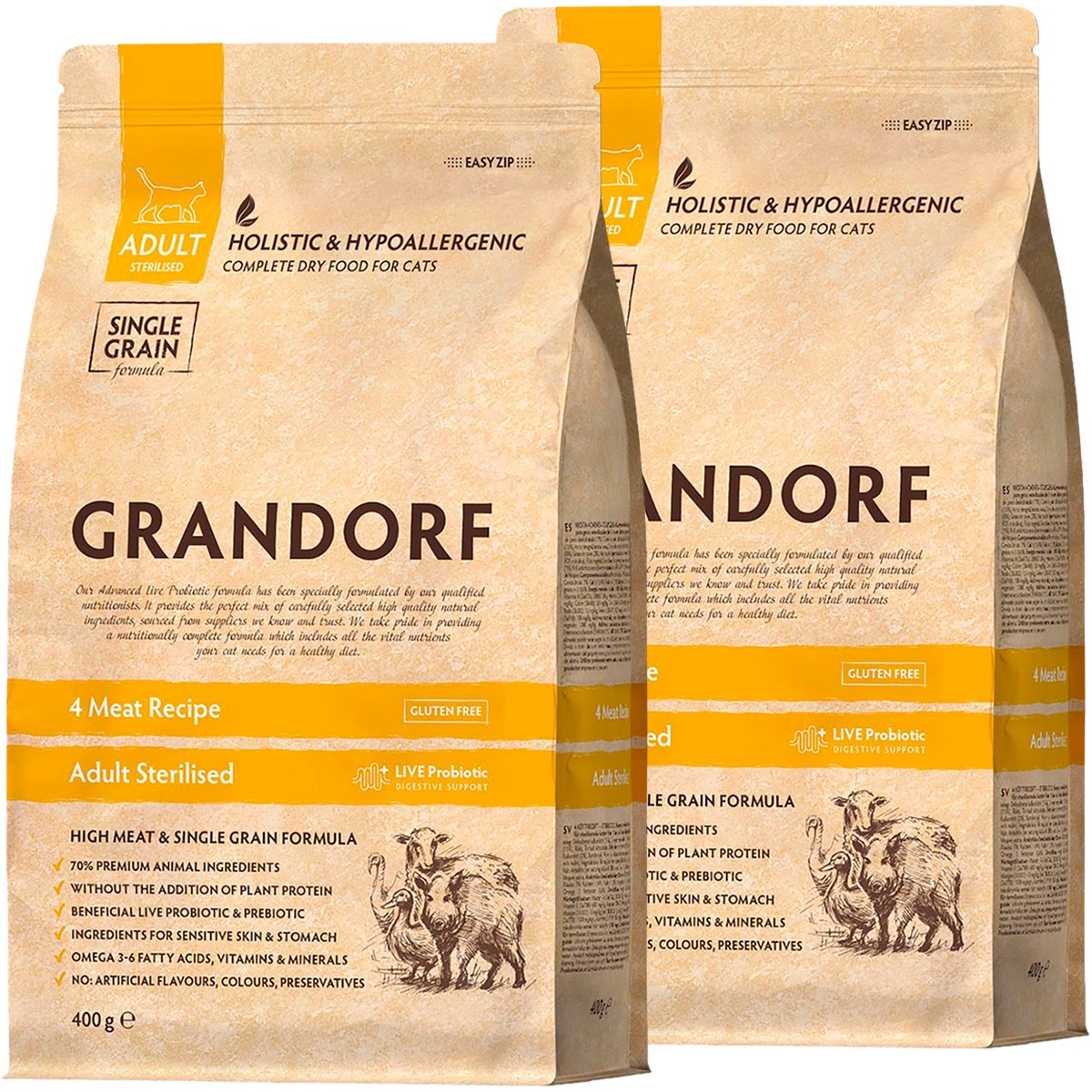 

Сухой корм для кошек GRANDORF CAT LIVING PROBIOTICS 4 MEAT RICE STERILISED 2 шт по 0,4кг