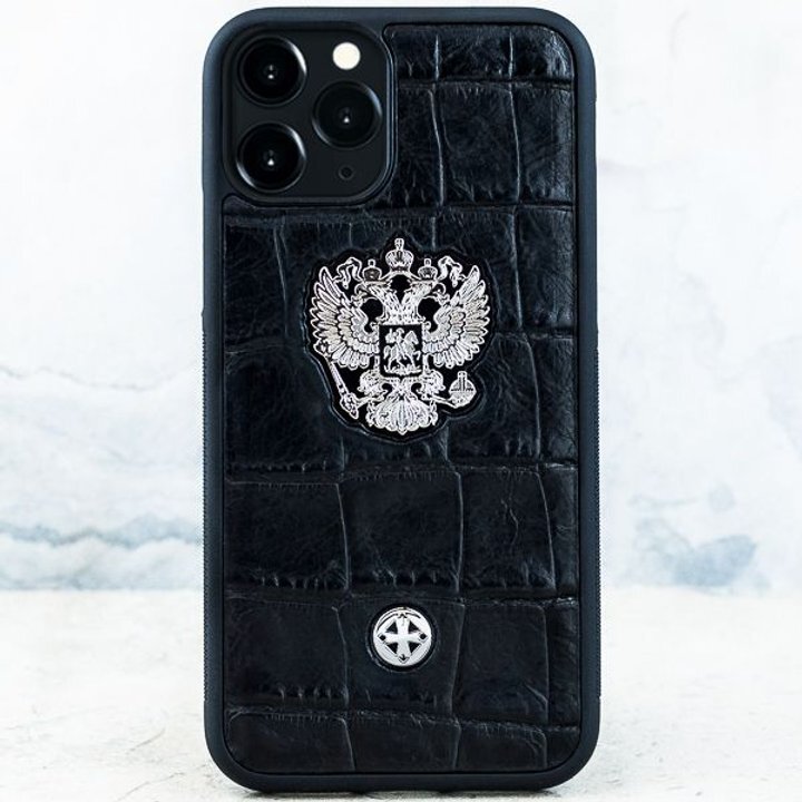 

Чехол iPhone 15 - Premium Euphoria Герб РФ Croc Leather - натуральная кожа, металл, Серебристый;черный, iPhone 15