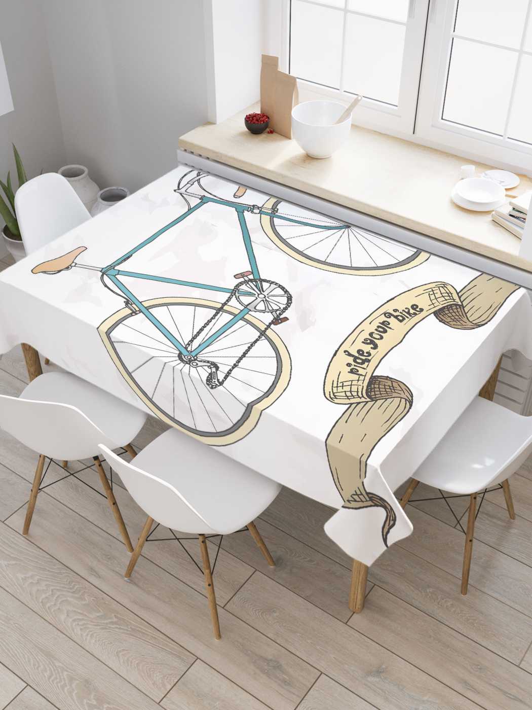 фото Скатерть прямоугольная joyarty "винтажный велосипед" из оксфорда, 180x145 см