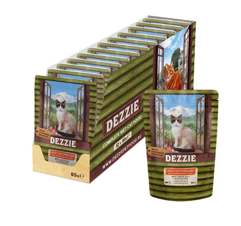 Влажный корм для кошек DEZZIE ADULT CAT STERILIZED ягненок 12шт по 85г 834₽