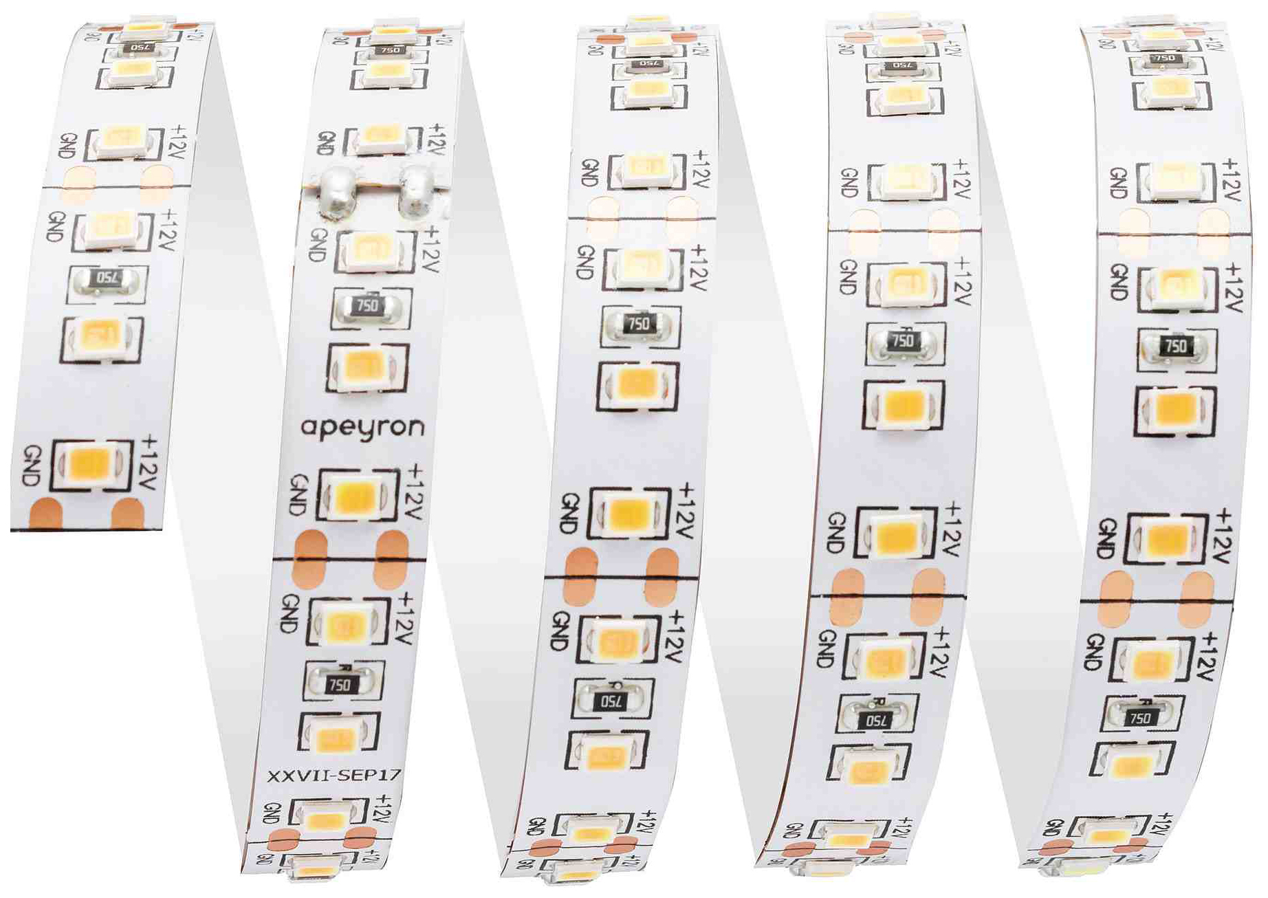 фото Apeyron светодиодная лента 12в,14,4вт/м,smd2835,120д/м,ip20,1400лм/м,подлож.10мм, 30м,х/б/