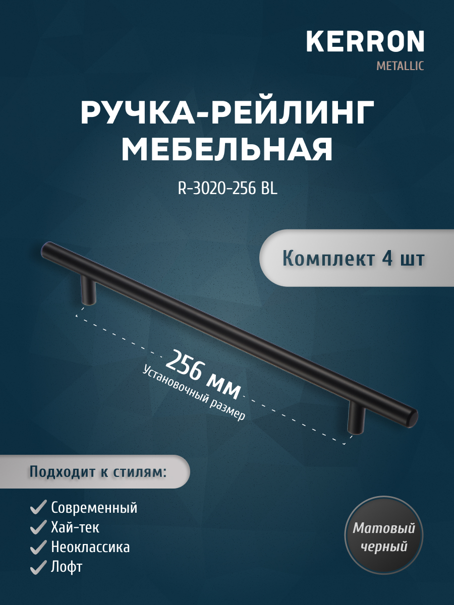 

Комплект из 4 шт ручка-рейлинг KERRON 12 мм R-3020-256 BL матовый черный, R-3020