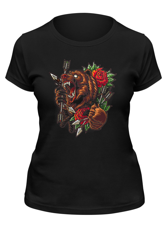 

Футболка женская Printio bear&roses черная M, Черный, bear&roses
