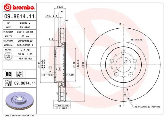 фото 09.8614.11 диск тормозной передний volvo s60 r/v70 (ii) r 2.5i 20v turbo 03> brembo