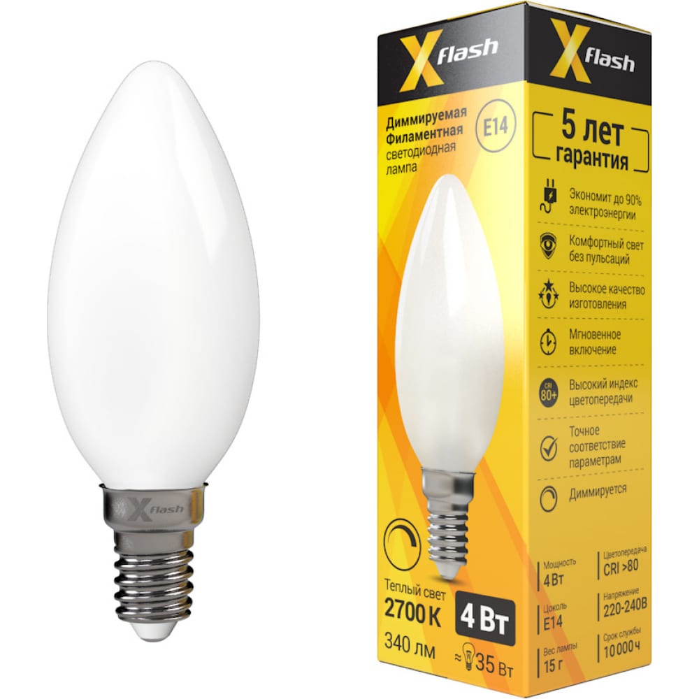 

Светодиодная диммируемая лампочка X-Flash XF-E14-FLMD-C35-4W-2700K-230V арт.48700