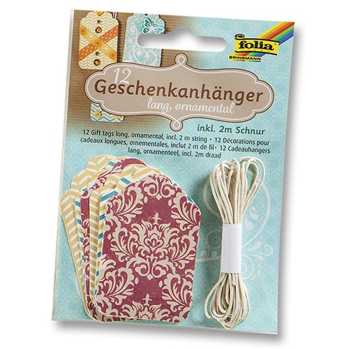 

12004 Тэги длинные с орнаментом, 12 шт., шнур 2 м, Folia