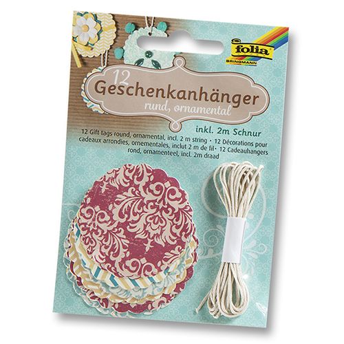 

12003 Тэги круглые с орнаментом, 12 шт., шнур 2 м, Folia