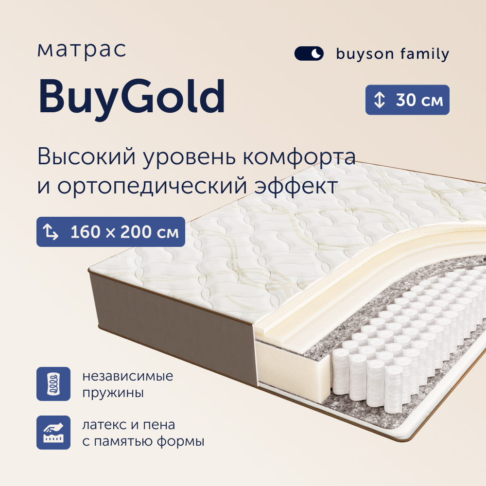 

Матрас buyson family BuyGold, независимые пружины, 160х200 см, Белый, BuyGold