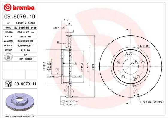 

Диск тормозной передний 276mm вентилируемый