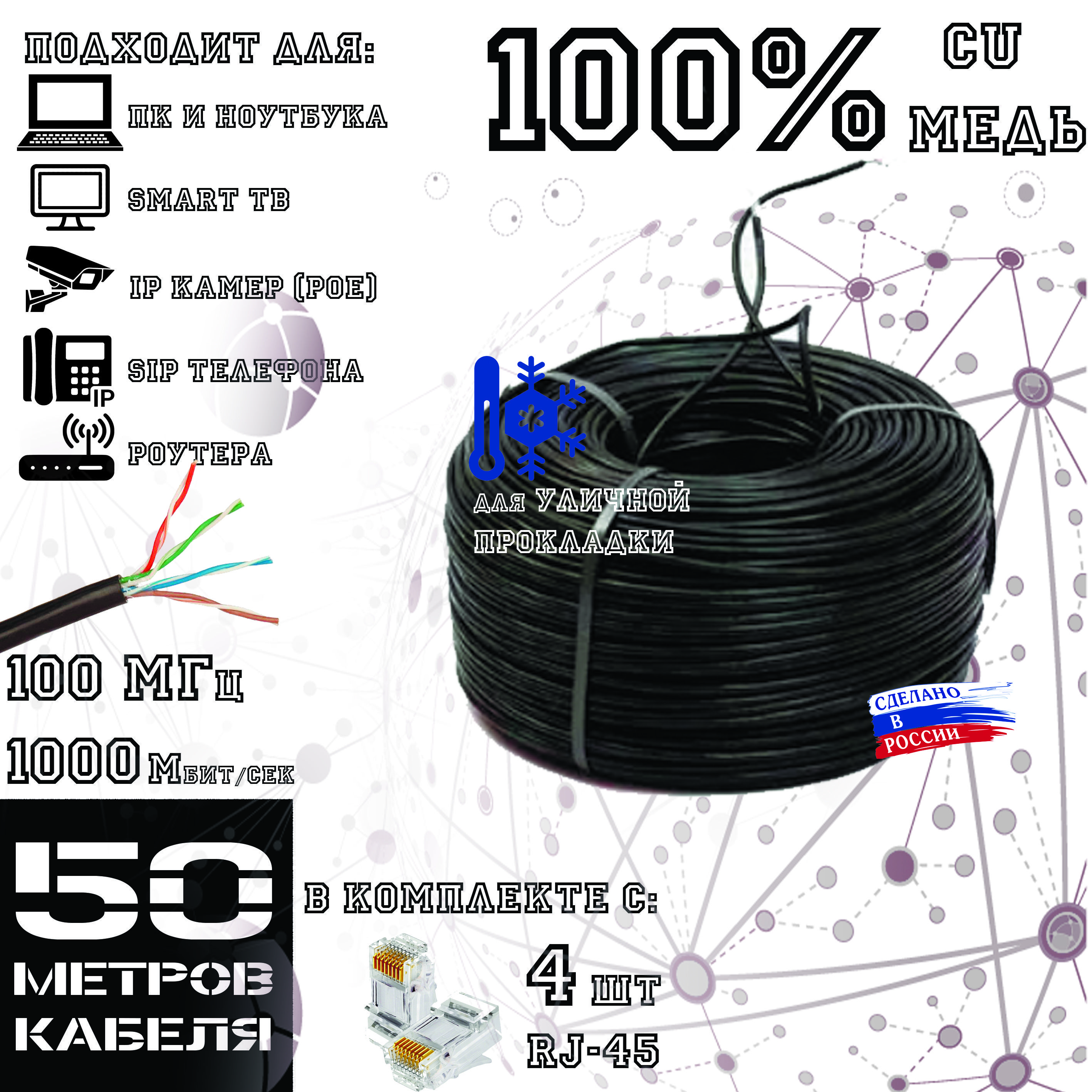 Высококачественный интернет кабель (витая пара) ПОЛИМЕТ, CU, UTP4 пары, Cat.5е