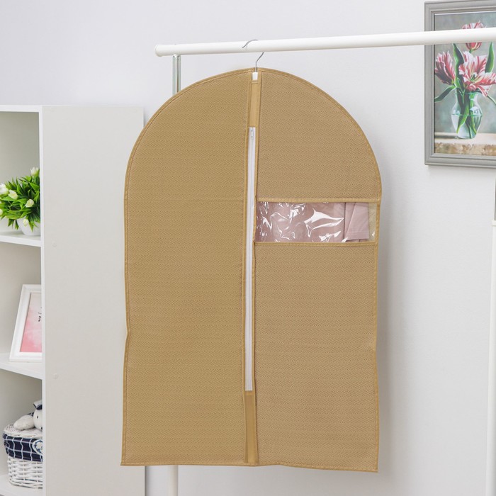 Чехол для одежды с ПВХ окном Доляна «Гусиная лапка», 90x60 см, цвет бежевый