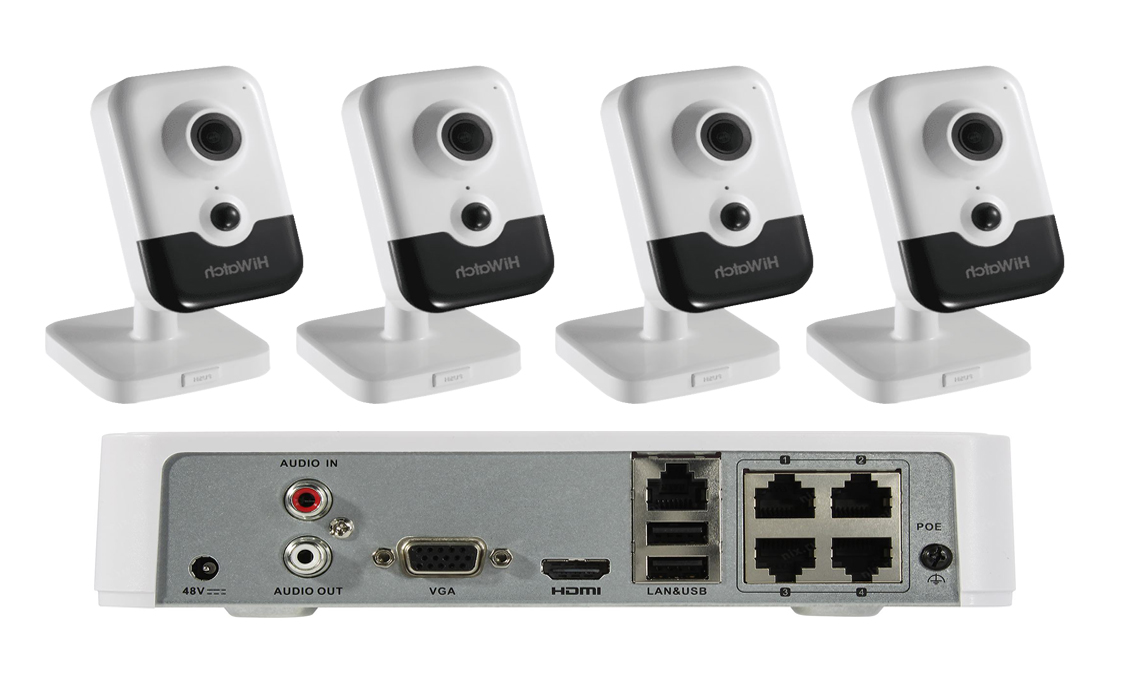 Комплект из 4-х IP камер HiWatch (2Mpx/2.0mm) с питанием по PoE готовый комплект видеонаблюдения matrixtech 2mpx улица 4 камеры