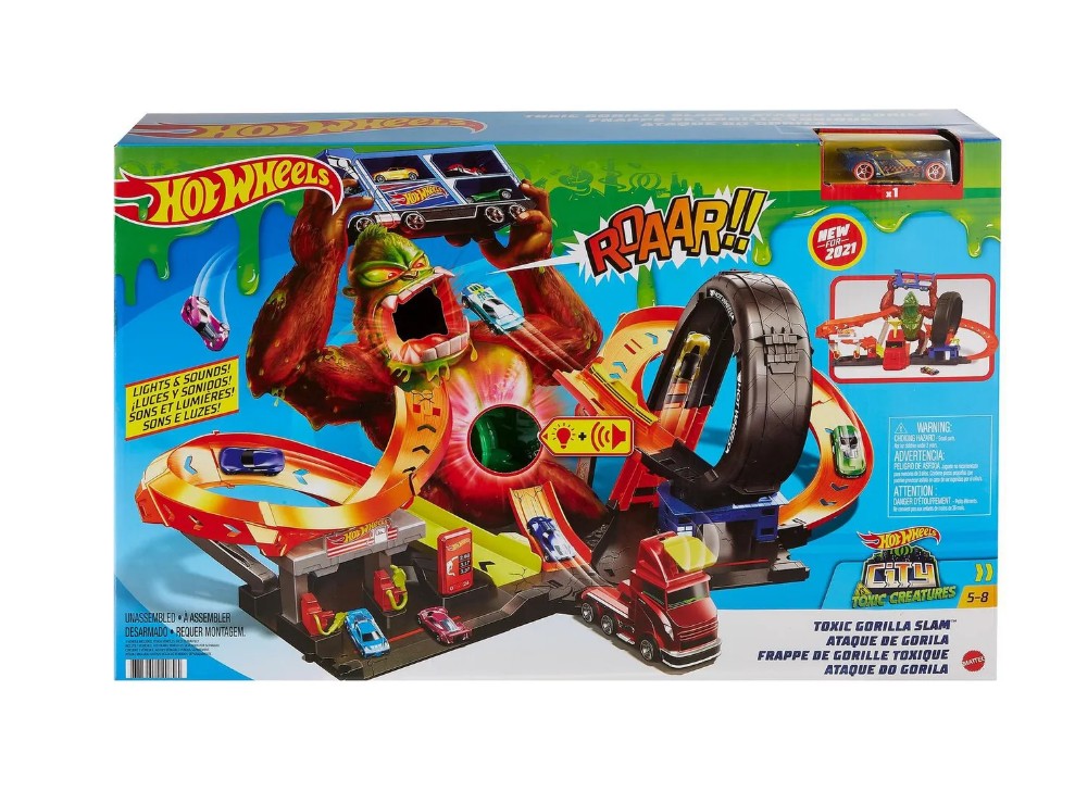 

Автотрек Hot Wheels Сити Атака бешеной гориллы с машинкой GTT94, Зеленый;оранжевый;синий;черный, HBY95