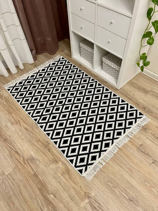 Хлопковый двусторонний ковер Musafir Home дорожка, размер 80х200 см, черно-белый