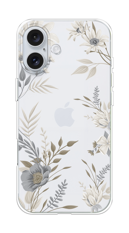 

Чехол на Apple iPhone 16 Plus "Цветы сепия", Серый;прозрачный;зеленый;белый, 16150-1