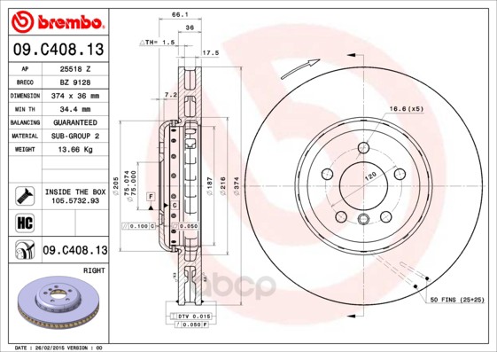 

Диск торм.пер.прав.BMW 5 (F10),5 GT 550i,550d 10-17/7 (F01) 40i,50i,50d 08-15 374x36