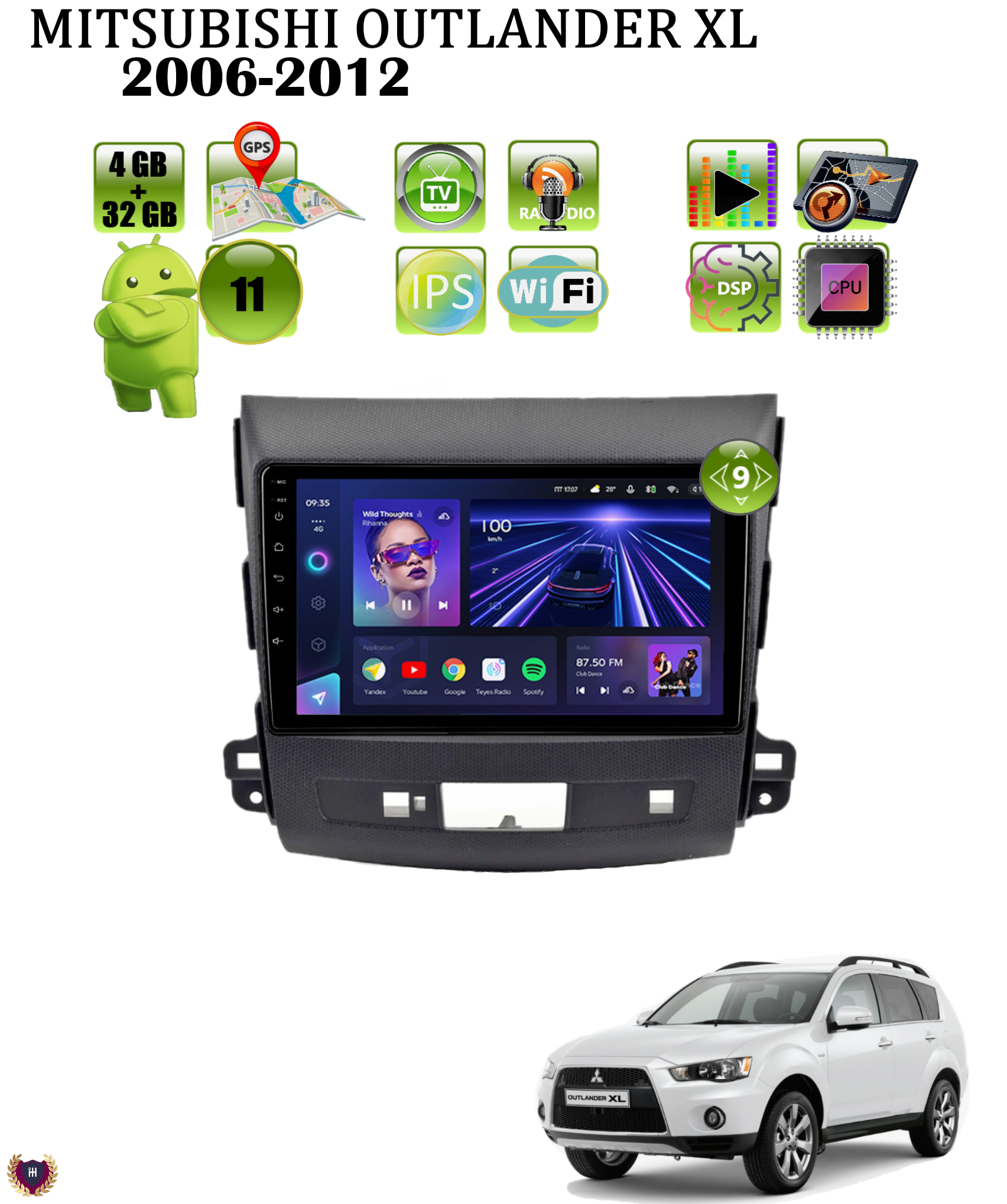 Автомагнитола Podofo для MITSUBISHI Outlander XL (2006-2012), Android 11, 4/32Gb, Wi-Fi