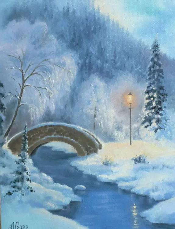 

Картина маслом Интерьерная картина ручной работы Зимнее очарование холст 18х24 см, Зимнее очарование