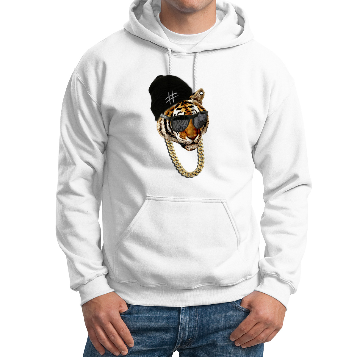 

Худи унисекс CoolPodarok Тигр с цепью и в шапке белое 60 RU, 0M015840