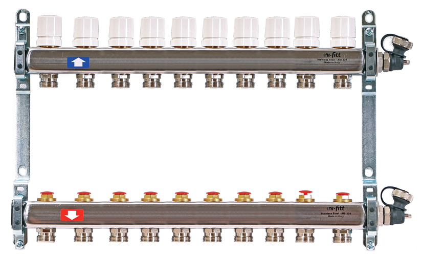 фото Коллекторная группа uni-fitt 1" х10 вых 3/4" с вентилями, нерж. сталь