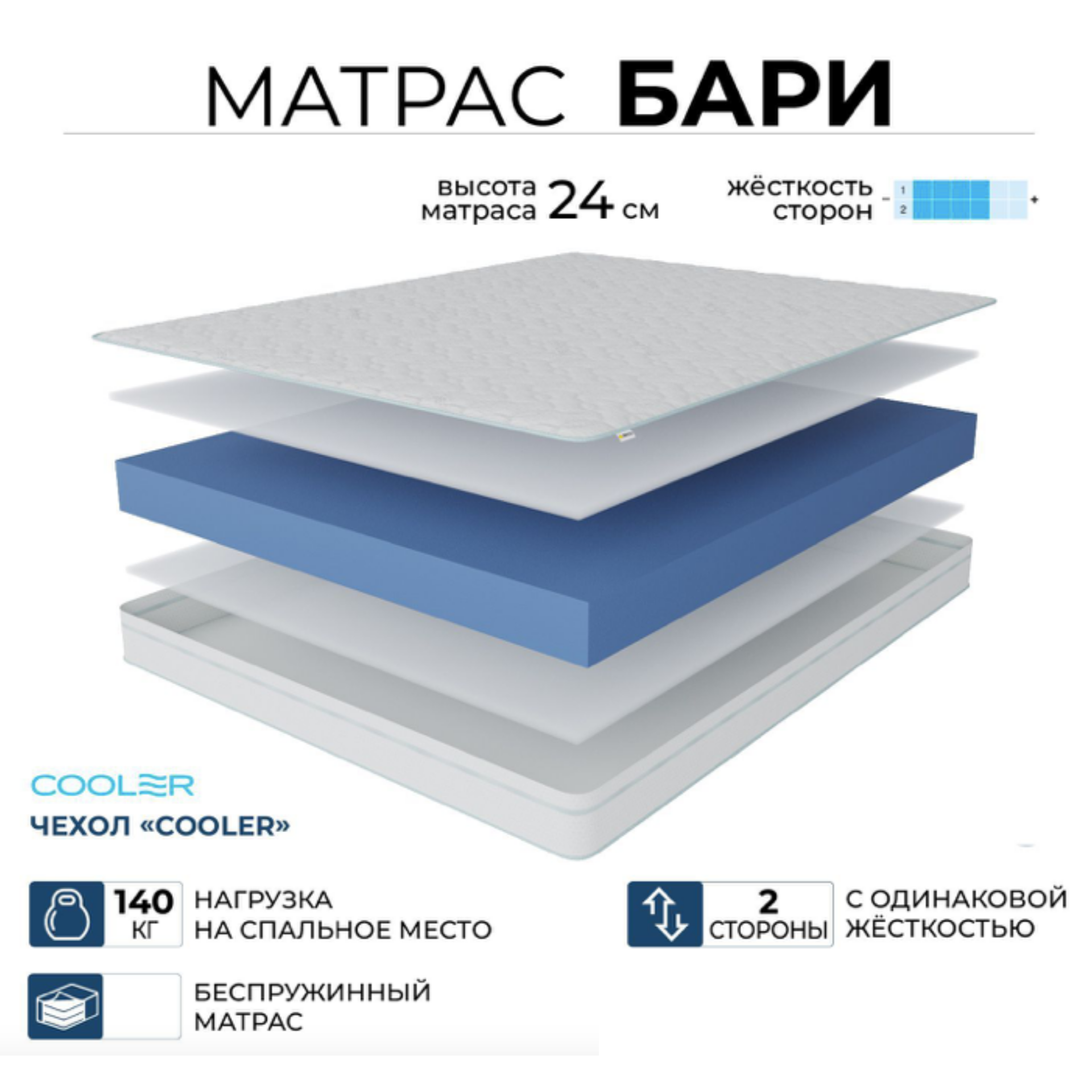 

Ортопедический матрас Beneli Бари в чехле Кулер, беспружинный, гипоаллергенный, 180х200, Голубой, Бари