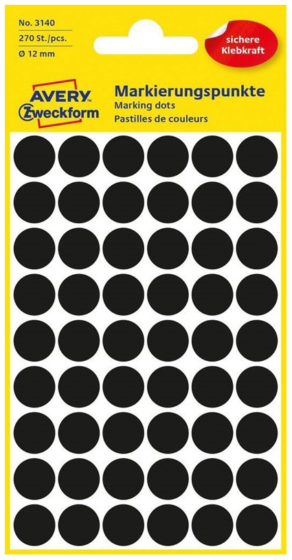 Этикетки-точки Avery Zweckform, для выделения, круглые, d-12 мм, 270 штук, 5 листов