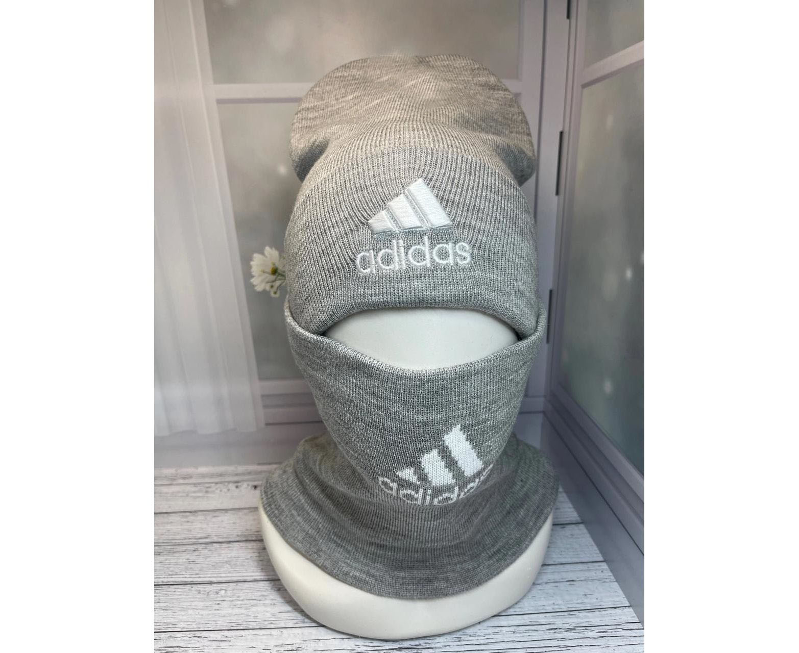 Комплект шапка и снуд мужской Adidas Е:520 светло серый