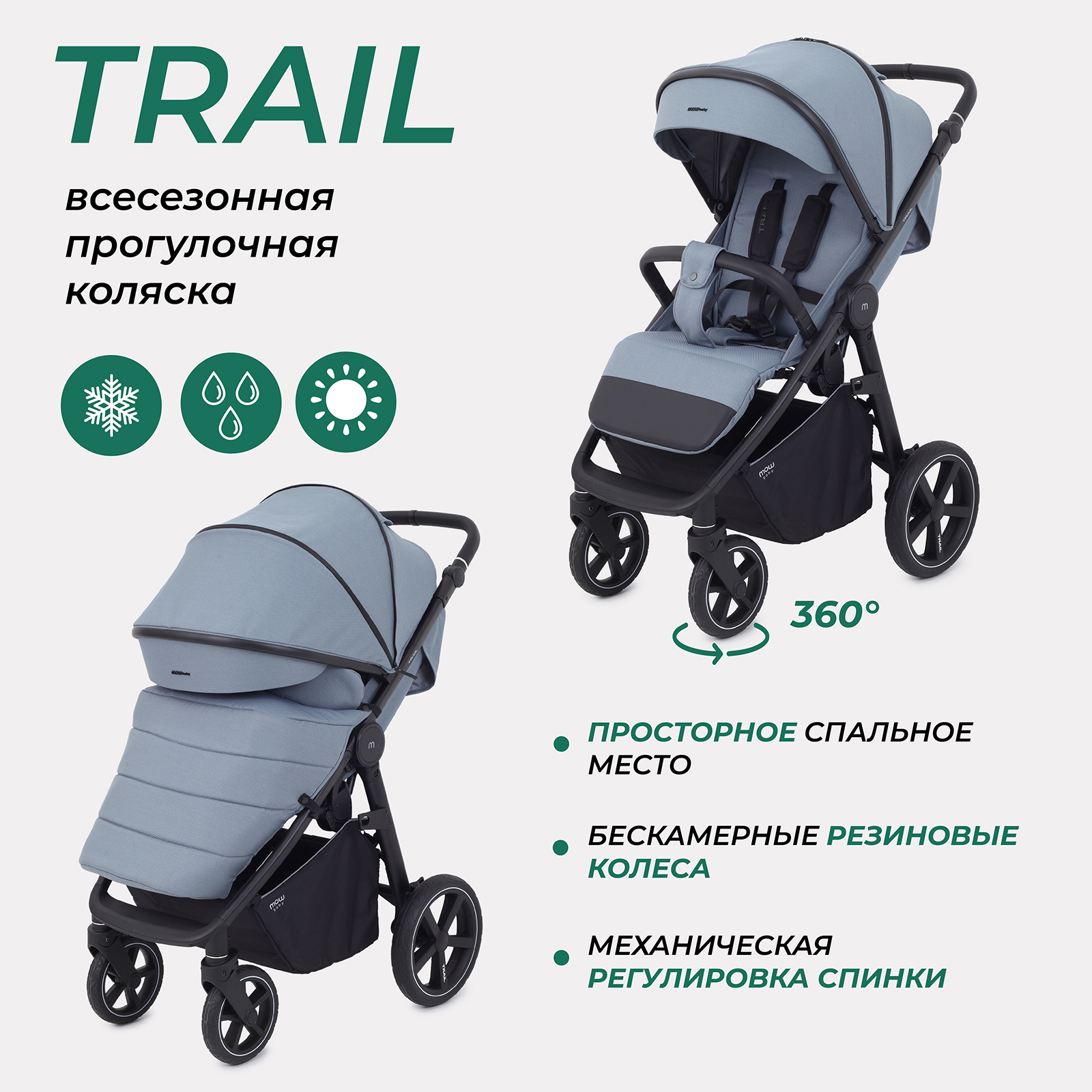 Коляска детская прогулочная с большими колесами MOWBaby TRAIL MB090 Blue