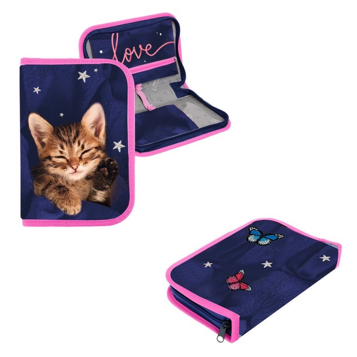 

Пенал 1 секция 140 х 210 х 40 мм, откидной карман и косметичка, тканевый, Calligrata Conte, Синий