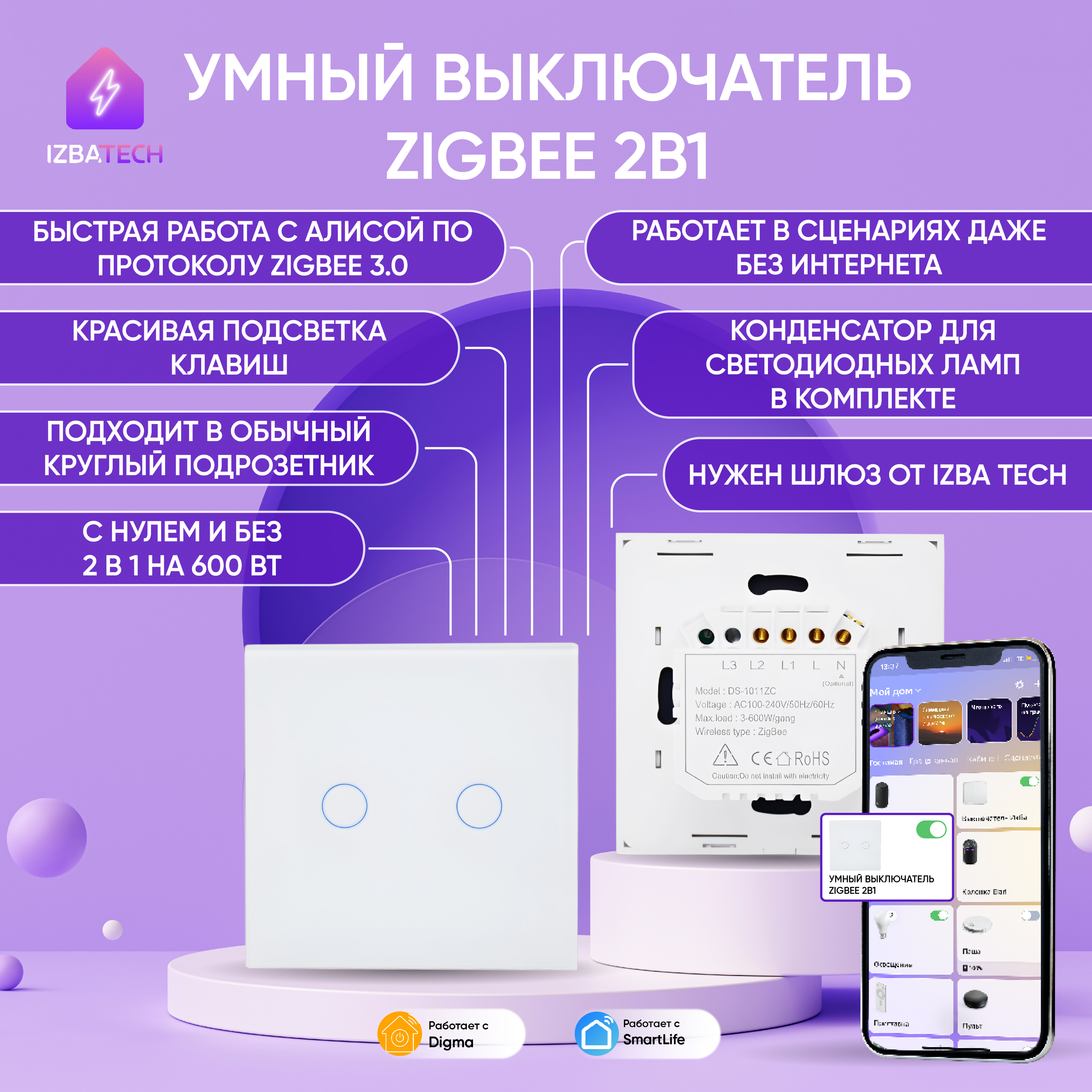 

Умный сенсорный Zigbee выключатель с Алисой Izba Tech 00252-1 БЕЗ НУЛЯ/С НУЛЕМ 2 клавиши, Белый, 00252