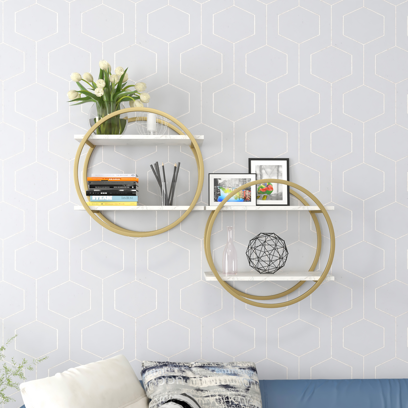 Полка на стену Castle 006GLMW, 50х50 золото/белый мрамор