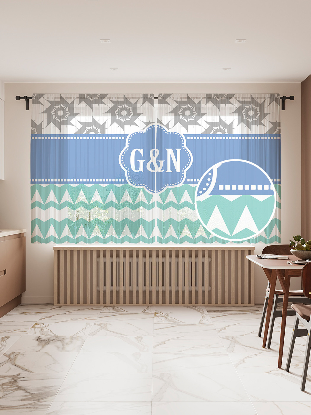 

Фототюль "G&n с узорами", 145x180 см (2 полотна со шторной лентой + 50 крючков), G&n с узорами