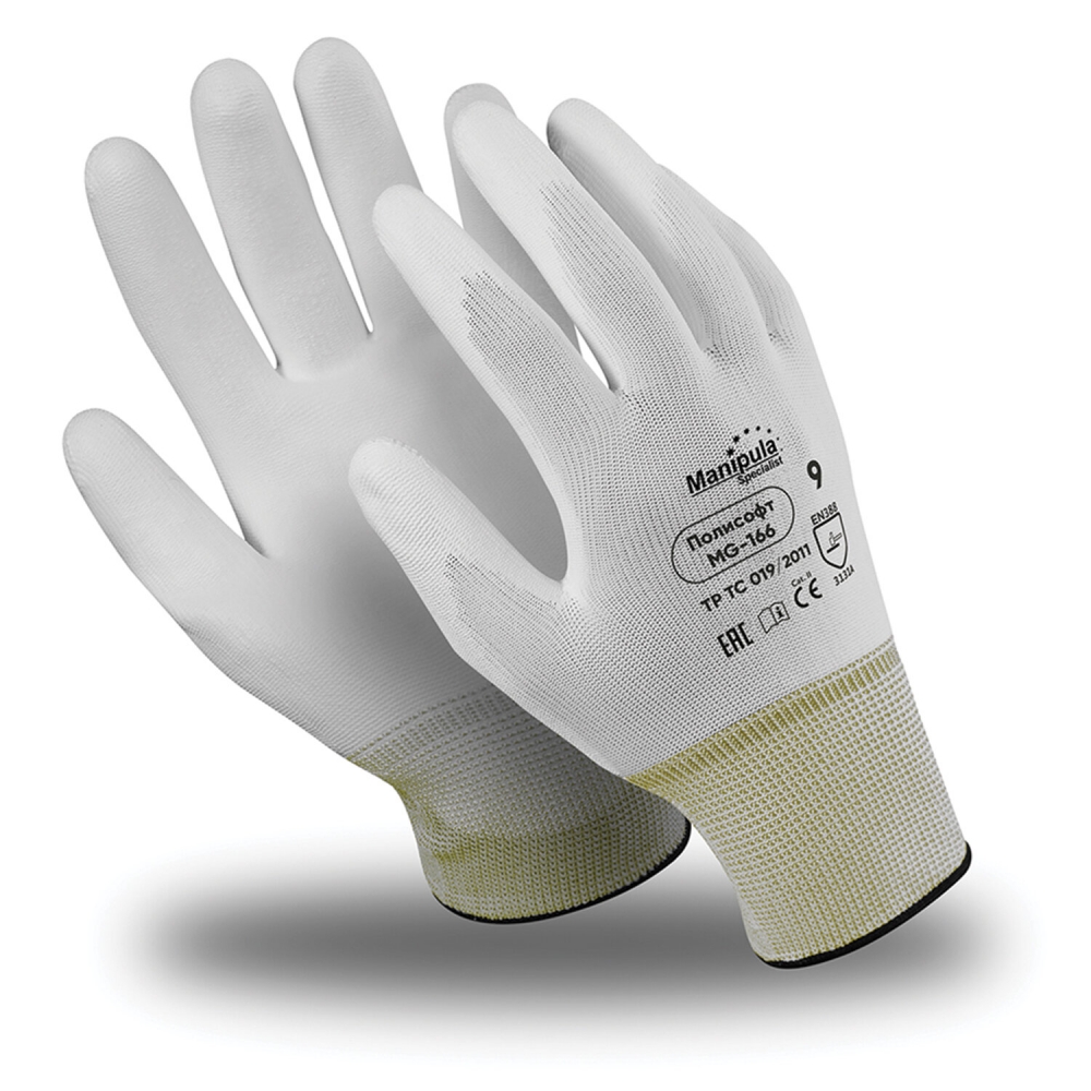 Перчатки полиэфирные MANIPULA ПОЛИСОФТ, полиуретановое покрытие (облив), р-р 10 (XL), белы