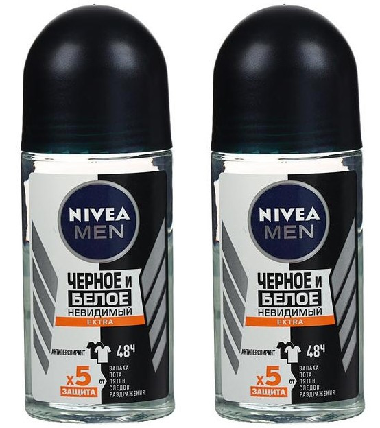 Дезодорант шариковый NIVEA men черное и белое невидимый extra 50мл 2шт