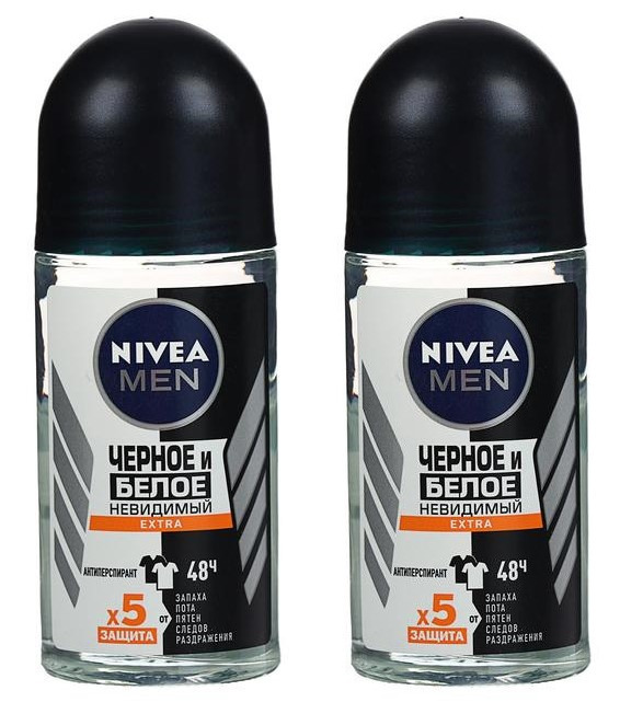 Дезодорант шариковый NIVEA черное и белое невидимый extra 50мл 2шт дезодорант антиперспирант карандаш rexona men антибактериальный и невидимый на одежде 50мл