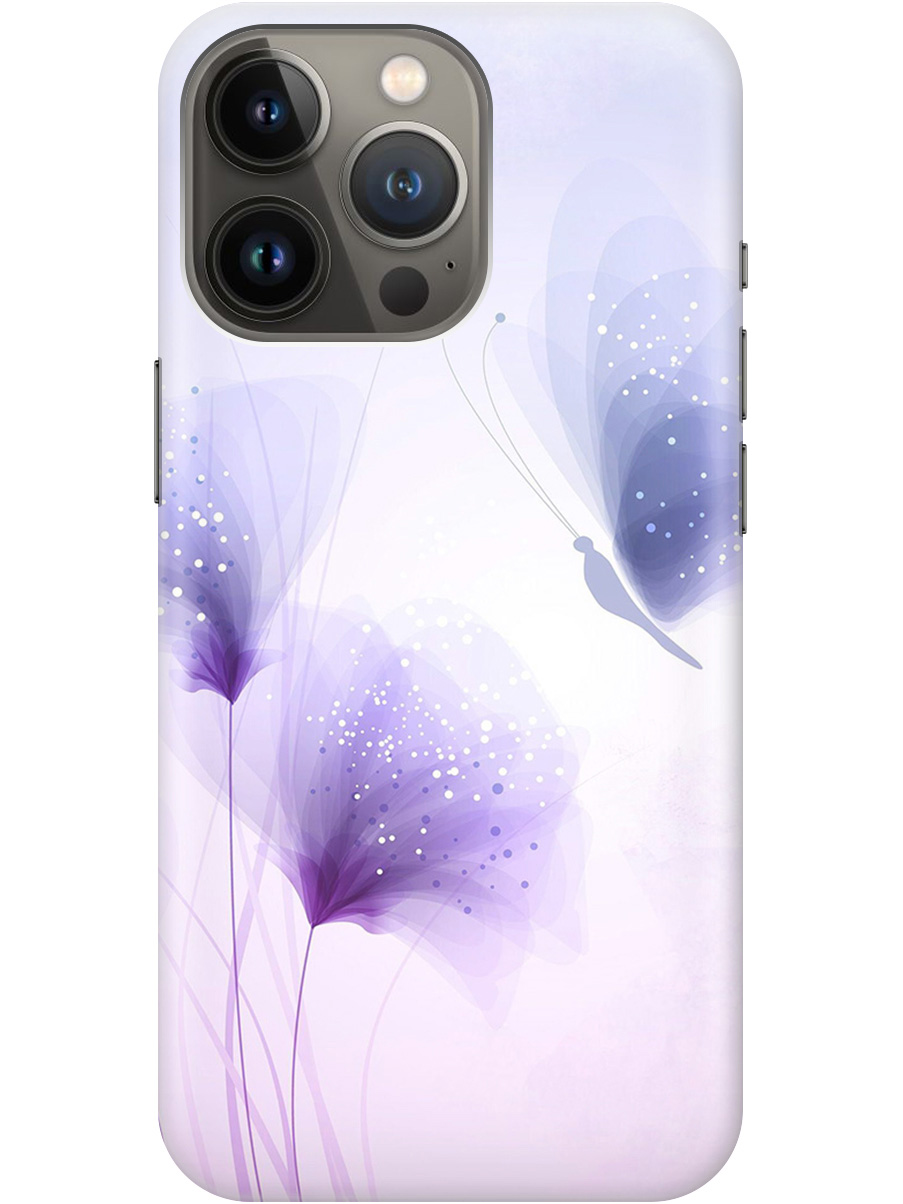 

Силиконовый чехол на Apple iPhone 14 Pro с принтом "Бабочка и фиолетовые цветы" прозрачный, Фиолетовый, 20010268