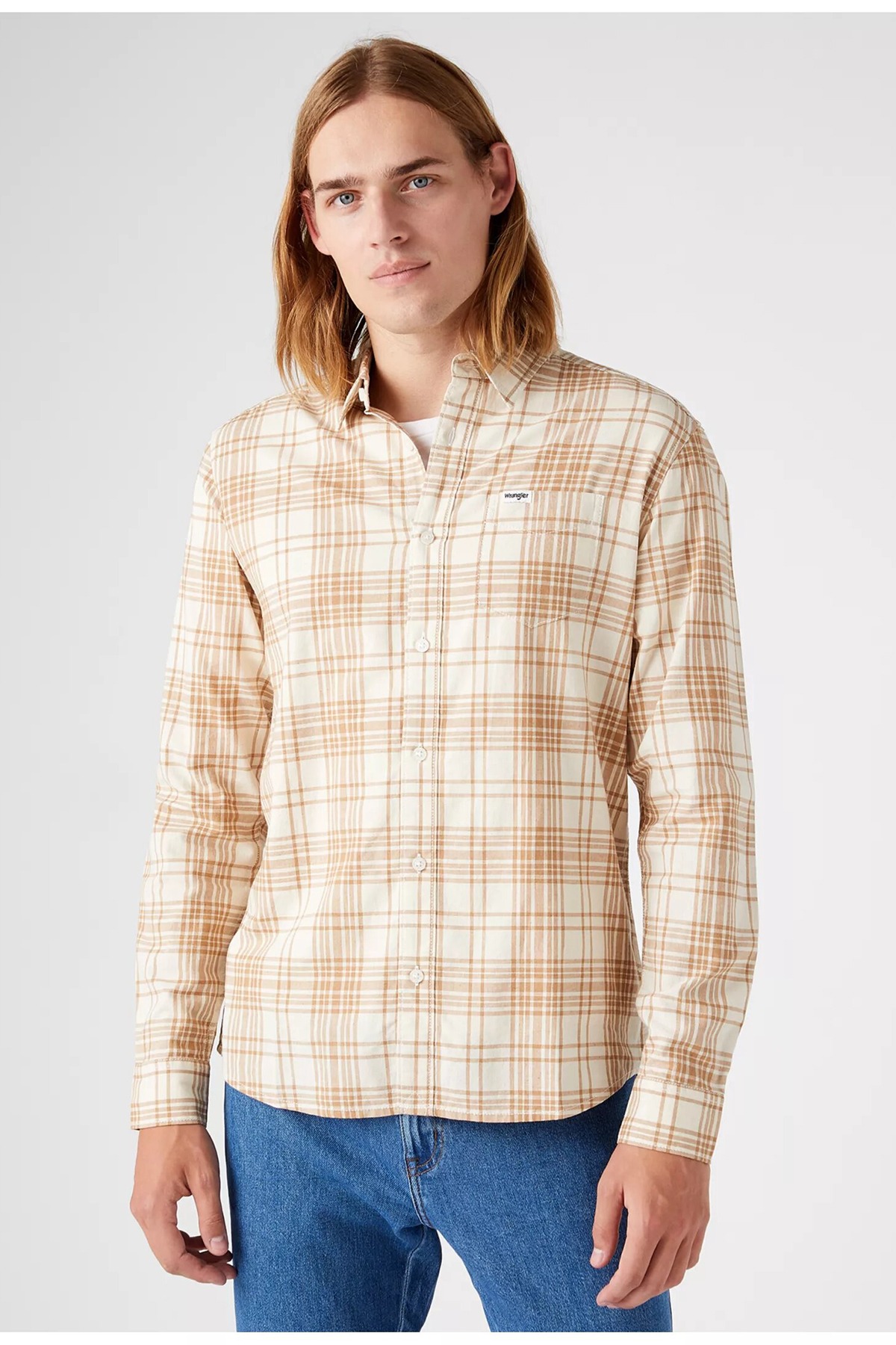 фото Рубашка мужская wrangler ls 1 pkt shirt бежевая m