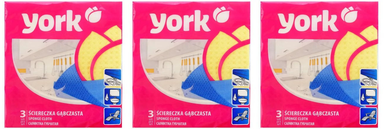 

Салфетки для уборки York губчатые влажные 3шт/уп 3 уп, 5903355000099