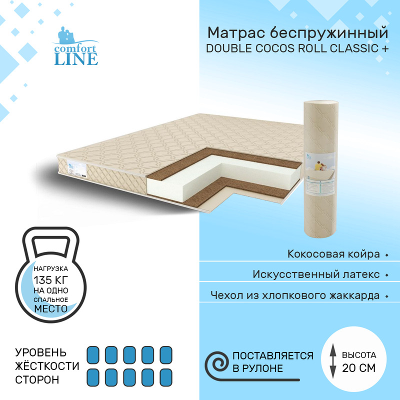 

Матрас беспружинный Comfort Line Double Cocos Roll Classic+ 150х185, высота 20 см, Бежевый, Double Cocos Roll Classic+