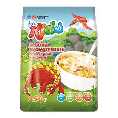 

Сухой завтрак Хлопья кукурузные Правильное решение Kids в сахарной глазури 250 г