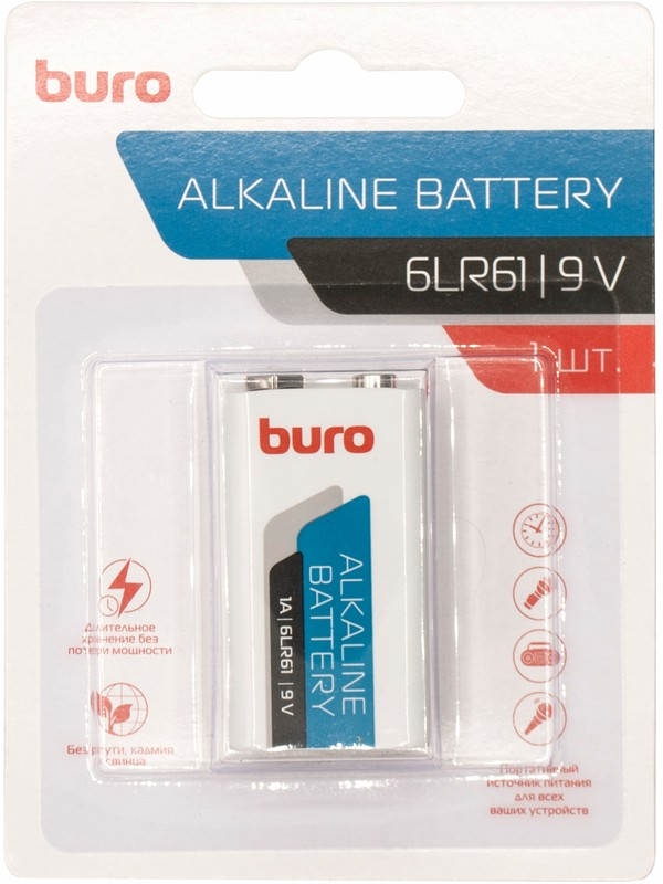 Батарея Buro AlkaLine 6LR61 9V 1шт блистер 290₽