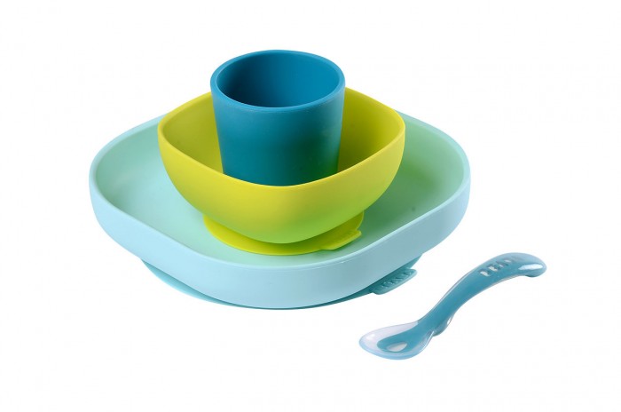 набор посуды (2 тарелки, стакан, ложка) silicone meal set blue