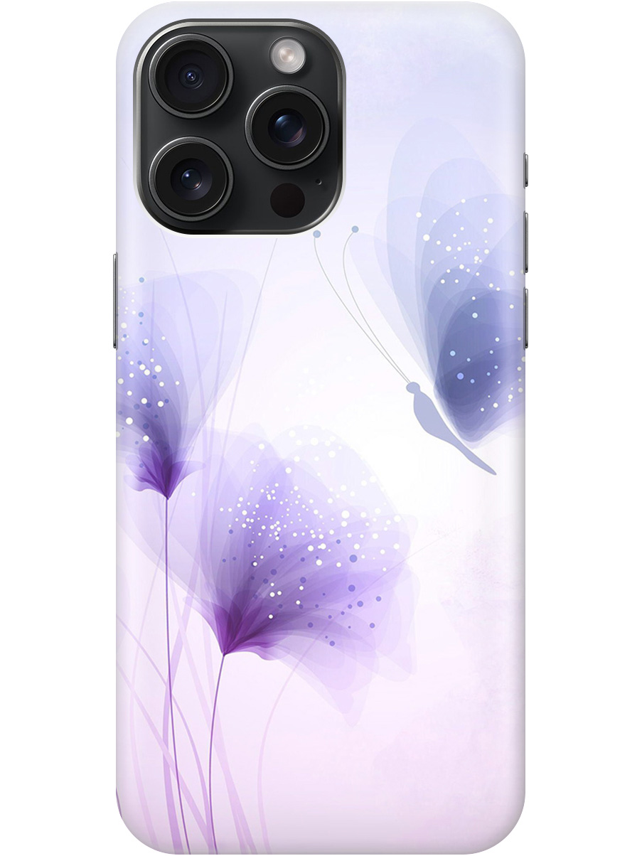

Чехол на Apple iPhone 15 Pro Max "Бабочка и фиолетовые цветы" прозрачный, Фиолетовый, 20010160