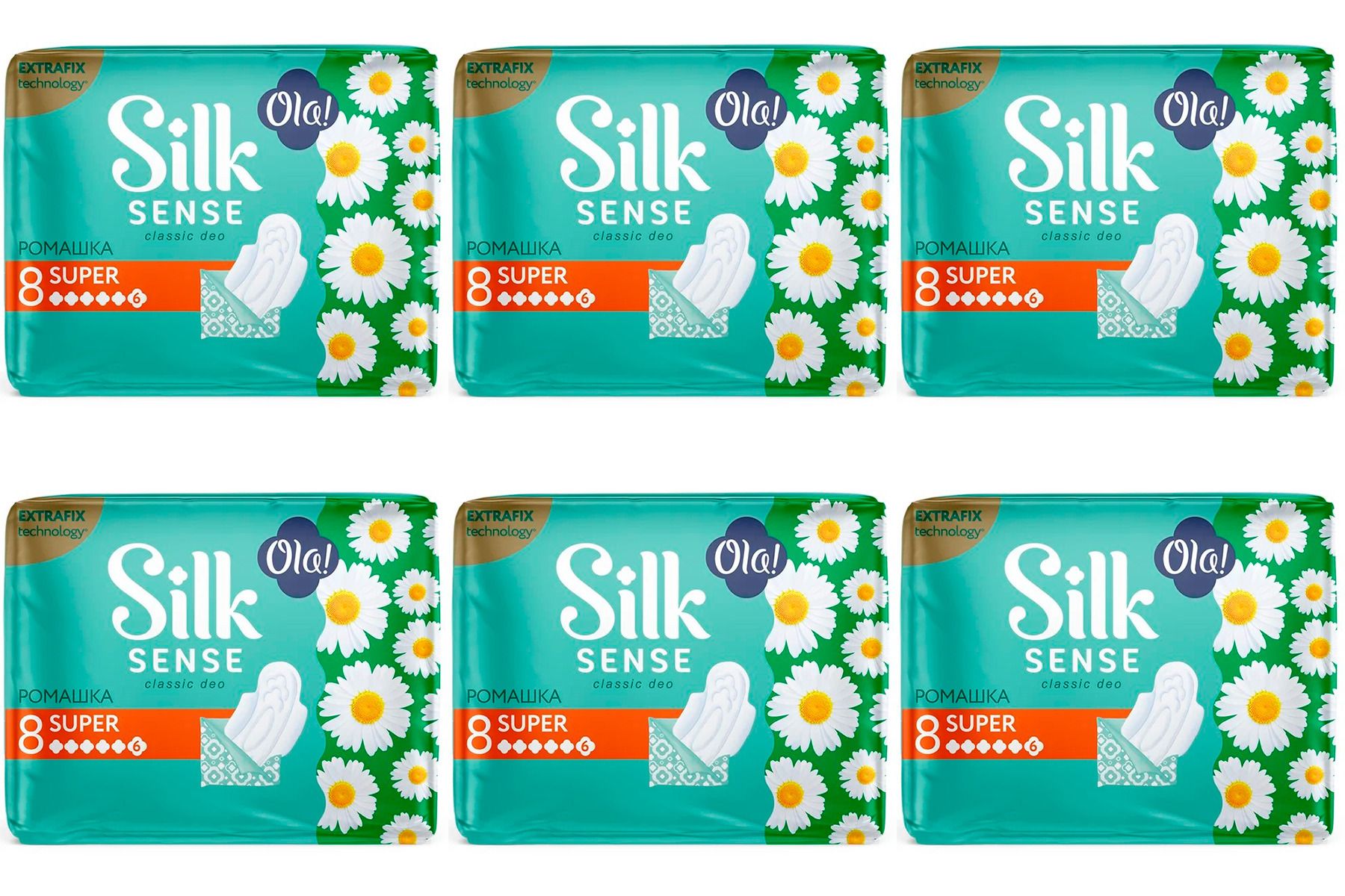 

Прокладки гигиенические Ola! silk sense classic deo super ромашка 8шт/уп 6шт, Белый, 4630038000046
