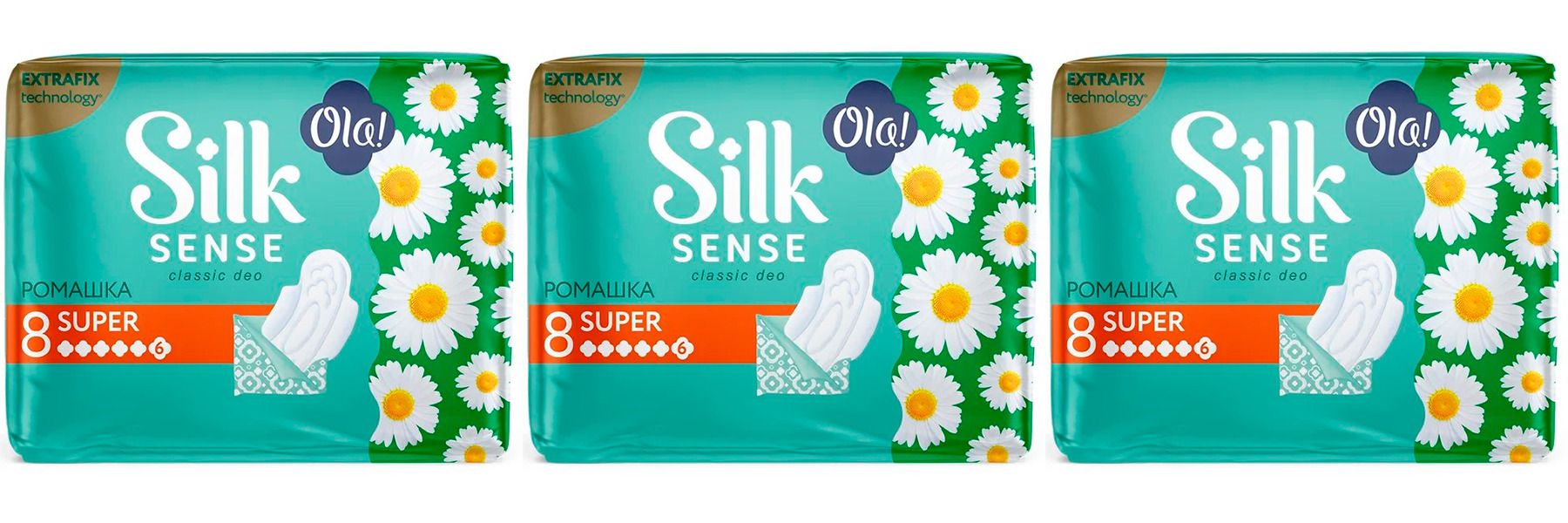 

Прокладки гигиенические Ola! silk sense classic deo super ромашка 8шт/уп 3шт, Белый, 4630038000046