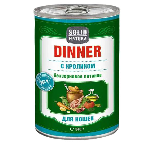 

Влажный корм для кошек Solid Natura Dinner, кролик, 12 шт по 340 г, Dinner