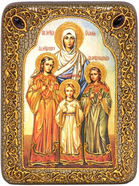 

Подарочная икона Вера, Надежда, Любовь и мать их София на мореном дубе 999-RTI-231m